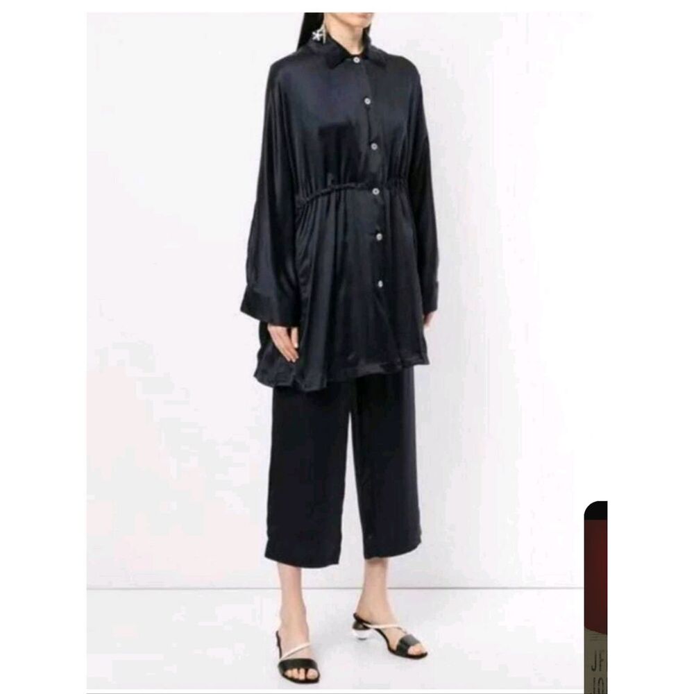 Mansur Gavriel Silk Drawstring Coat in Navy Blue. Size 36